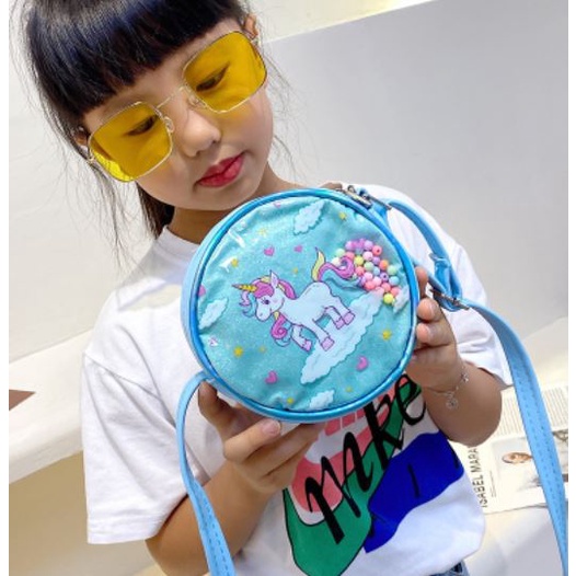 Túi đeo chéo hình tròn hoạt hình ngựa pony unicorn dễ thương cho bé gái