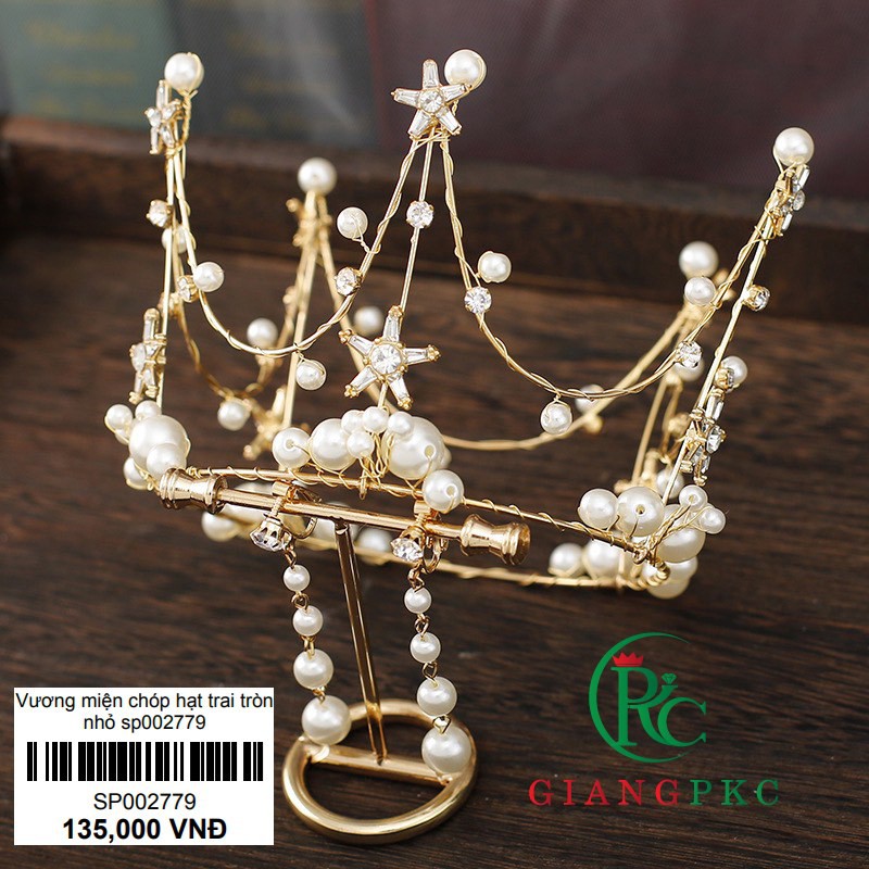 Vương miện cô dâu chóp hạt trai tròn nhỏ kèm bông tai