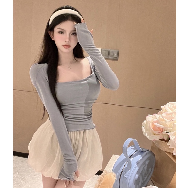 Set Áo Thun Tay Dài Chống Nắng + Quần Short Lưng Thun Ống Rộng Thời Trang Hàn Quốc Cho Nữ