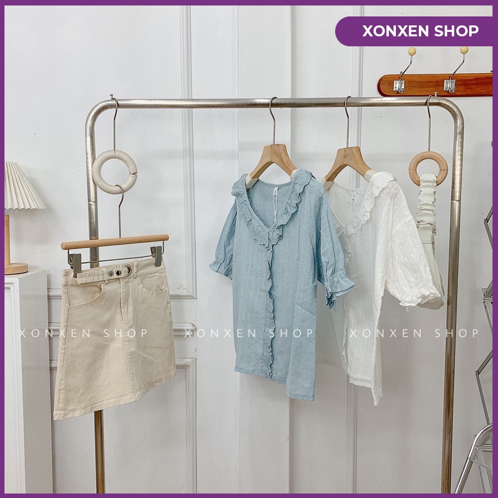 Áo kiểu phối bèo ren dễ thương chất xô cực mát XONXEN TAM KỲ 26 PHAN CHÂU TRINH free size mã 3370