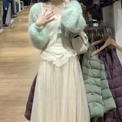 Set Áo Khoác Cardigan + Áo Hai Dây + Chân Váy Lưới Thời Trang Hàn Quốc Mới Cho Nữ