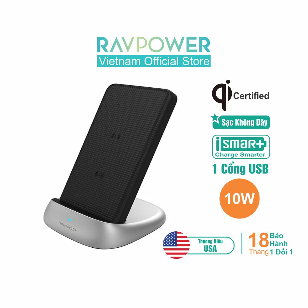 [Mã LT150 giảm 150k đơn 699k] Pin Sạc Dự Phòng Kiêm Đế Sạc Không Dây 3 Trong 1 RAVPower 10W 5000mAh, RP-PB106