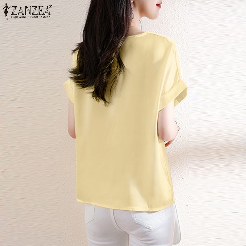 ZANZEA Áo Sơ Mi Vải Satin Tay Ngắn Cổ Chữ V Thời Trang Cho Nữ