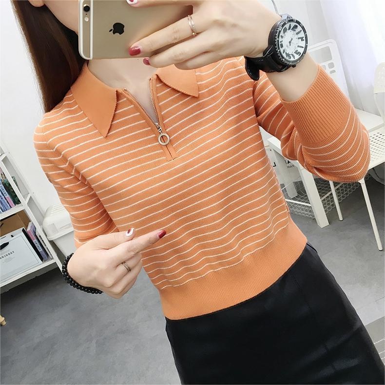 【ZHELIHANGFEI】Áo POLO Dệt Kim Tay Dài Lưng Cao Họa Tiết Kẻ Sọc Dễ Phối Đồ