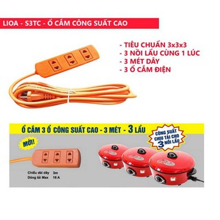 Ổ cắm Lioa 3 ổ công suất dây 3m 4000W S3TC màu cam