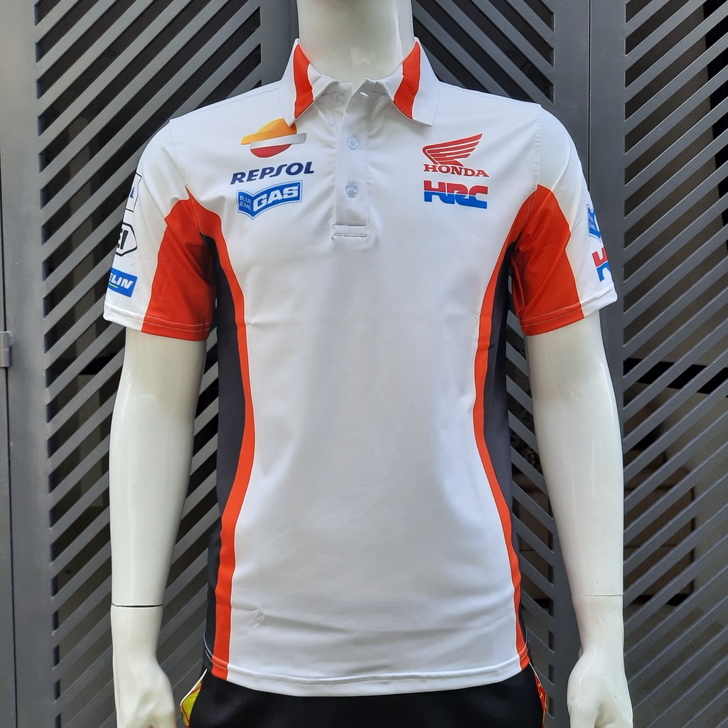 Áo thun tem xe Honda Repsol trắng CỔ TRỤ  - chất thun lạnh co dãn 4 chiều