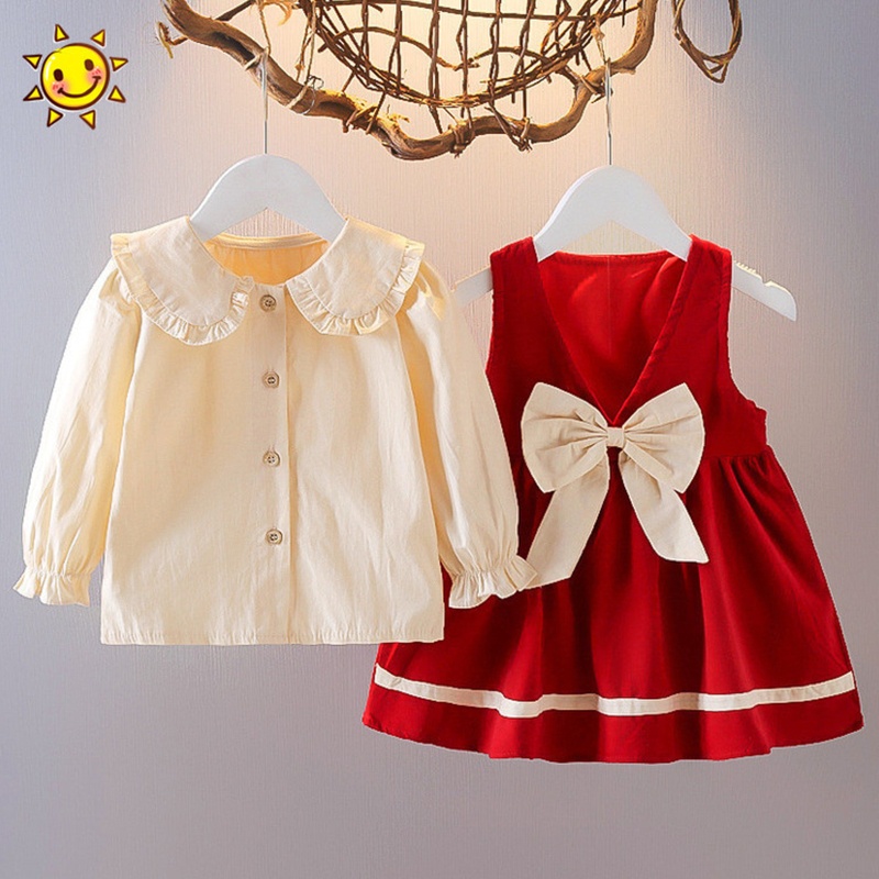 Set Đồ Mùa Thu 2 Món Gồm Áo Tay Dài Có Dây Cột Nơ Và Đầm Cho Bé Gái