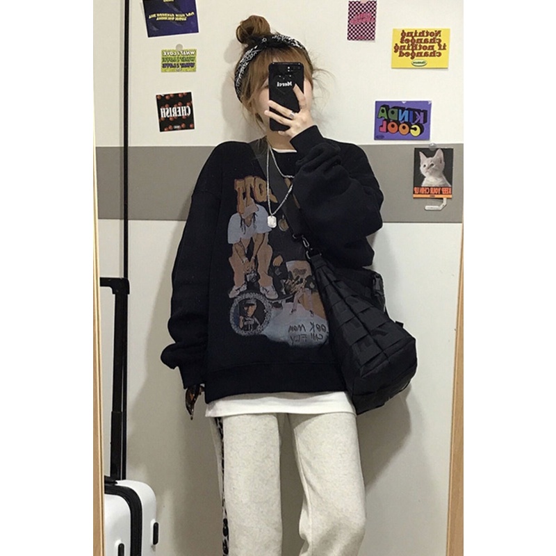 Áo sweater IELGY tay dài cổ tròn in họa tiết phong cách Châu Mỹ thời trang retro cho nữ