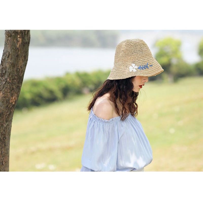 Mũ Đi Biển Cói Mềm Sợi Móc Hoa Trắng