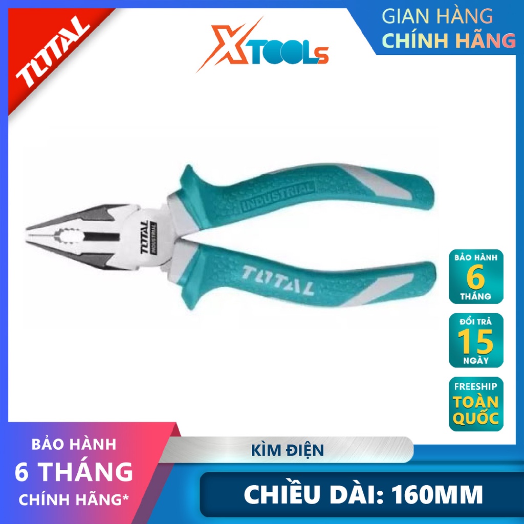 Kìm điện TOTAL THT210606 | kềm răng Kích thước 6&quot; (160mm), Khối lượng 0,2 kg, Cán bọc nhựa 2 màu xanh trắng bấm, cắt, tu