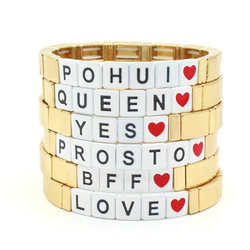 Flgo Vòng Đeo Tay Tráng Men Xếp Chồng Lên Nhau Họa Tiết Chữ Vàng Đồng Cá Tính