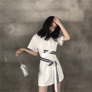 Đầm Suông Màu Trắng Phối Nơ Eo Thời Trang Cá Tính hàng nhập Quảng Châu