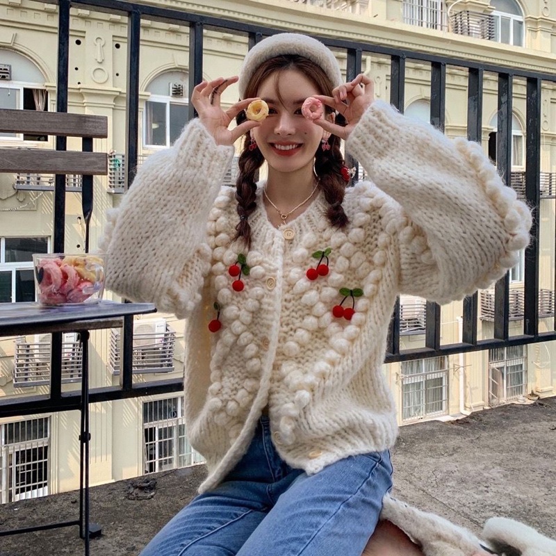 Áo khoác cardigan IELGY len dáng rộng họa tiết quả cherry phong cách retro thời trang dành cho nữ