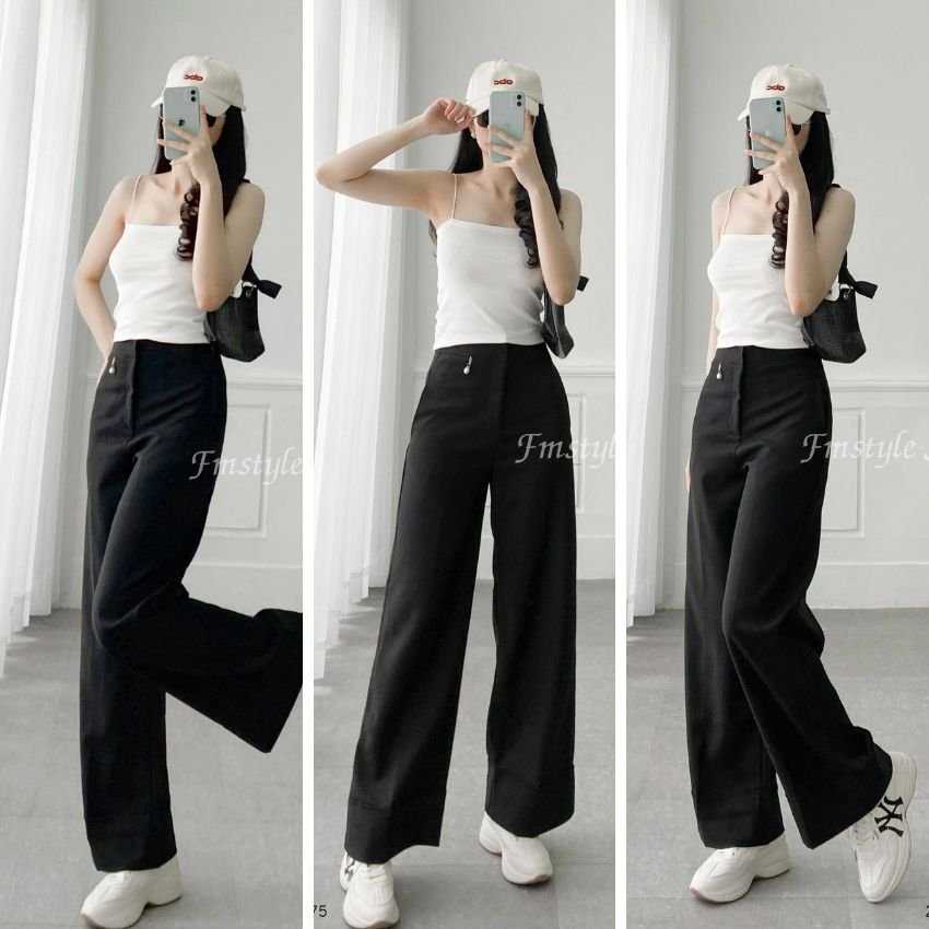 Quần tây ống rộng đen đính ngọc 07169, quần trơn lai lớn nữ thời trang Fmstyle Saigon 21QTR03CT1701