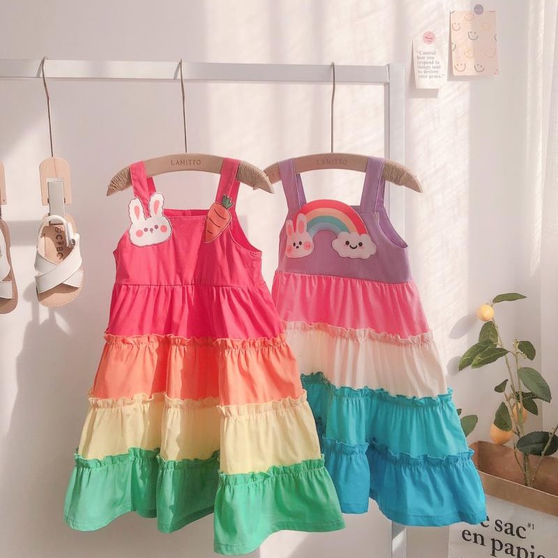 Đầm Xòe Không Tay Họa Tiết Cầu Vồng Dễ Thương Cho Bé Gái