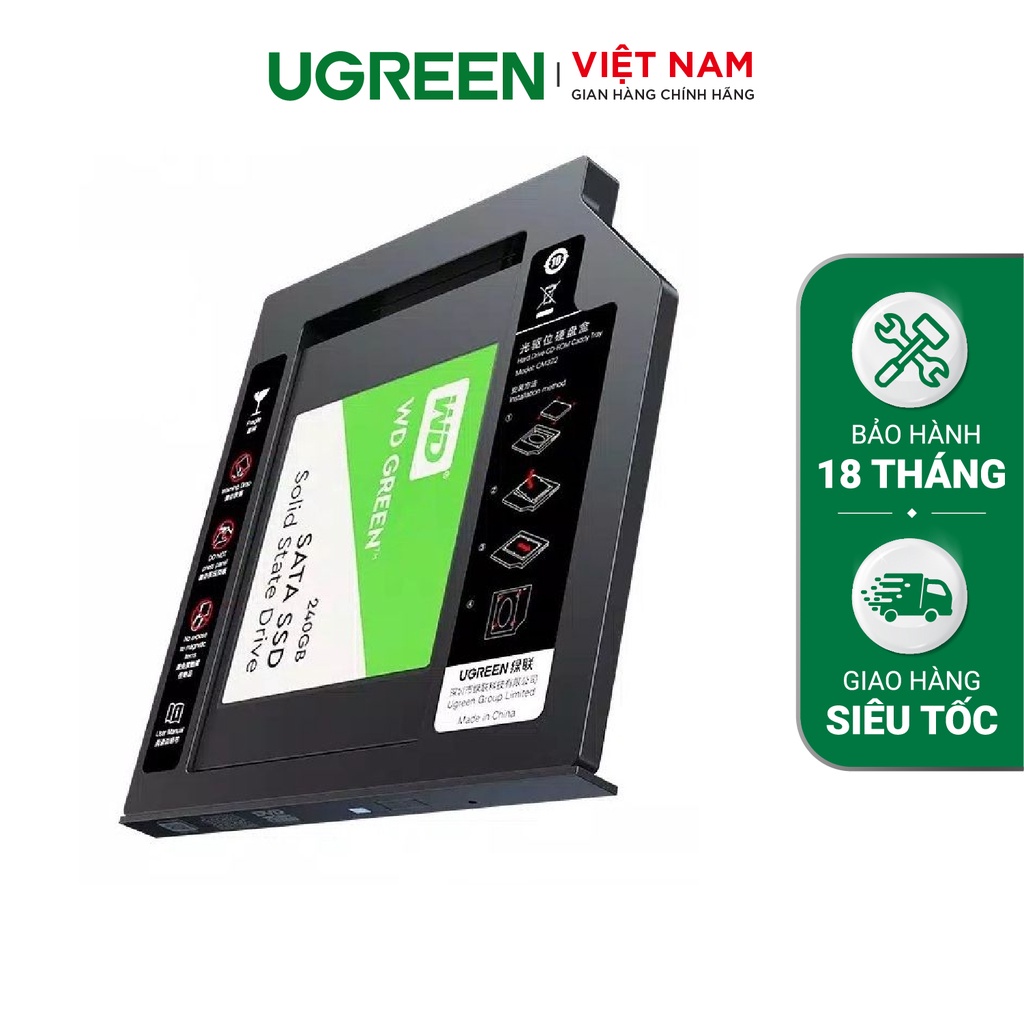 Khay đựng ổ cứng 2.5&quot; cho Laptop có ổ CD mỏng 9.5mm UGREEN 70657 cao cấp - Hàng phân phối chính hãng - Bảo hành 18 tháng