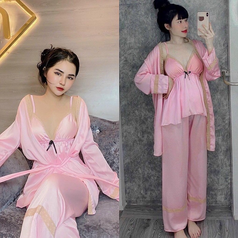 Đồ Ngủ 3 món áo hai dây có mút quần dài kèm áo choàng lụa satin cao cấp
