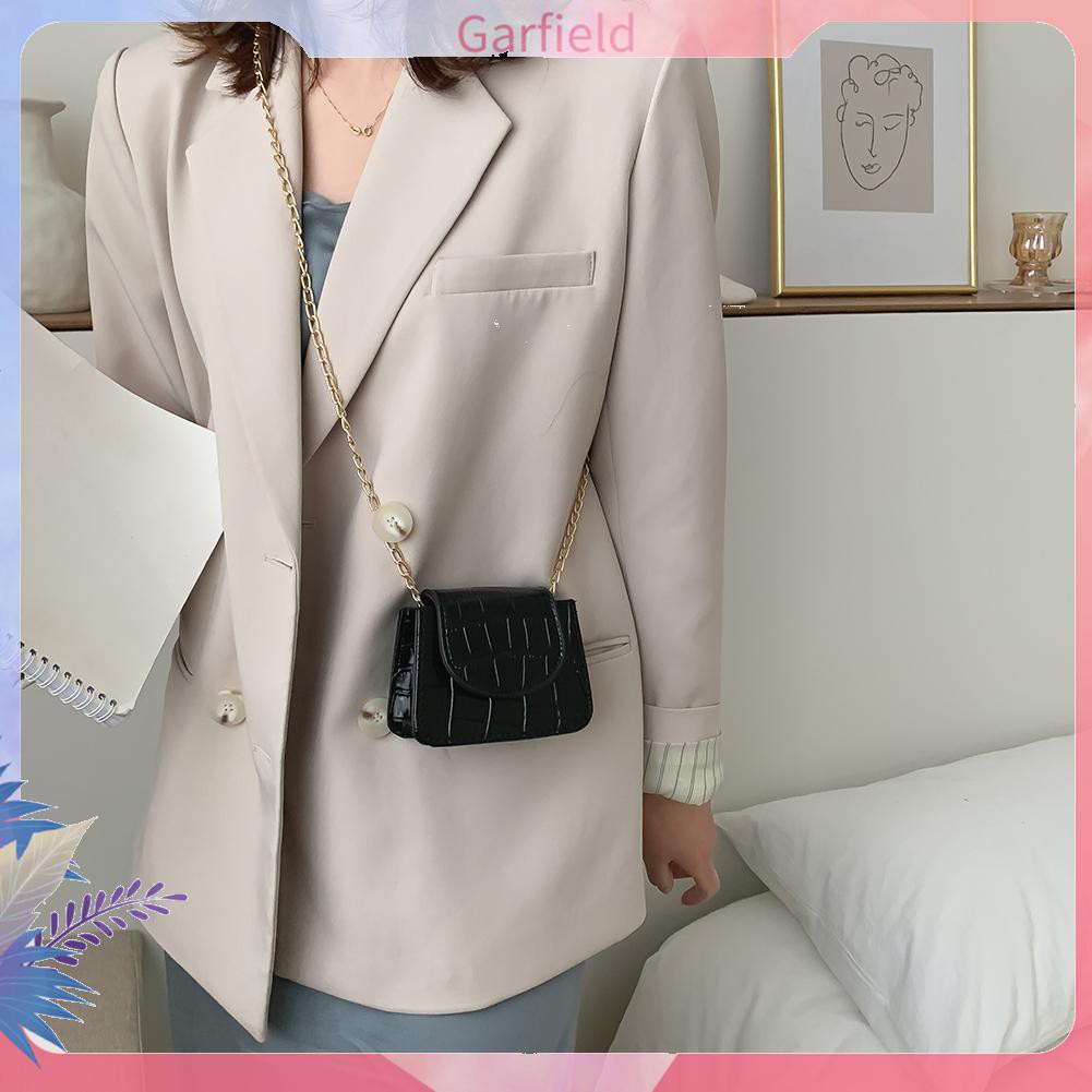 Túi đeo chéo bằng da màu trơn dáng nhỏ nhắn phối chuỗi dây xích phong cách thời trang cho nữ
