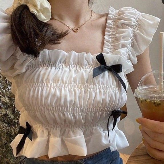 Áo 2 dây nhún thun ôm body kiểu phối nơ cá tính