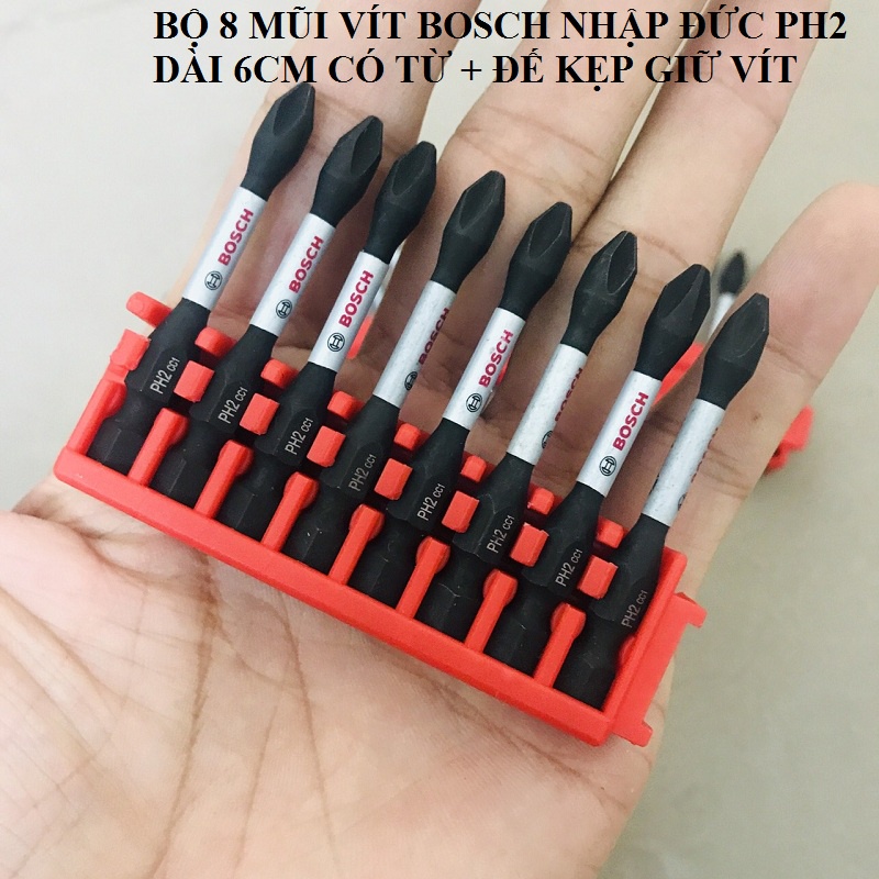 Combo 8 mũi vít Bosch ph2 - 6cm chính hãng Tặng kèm đế giữ vít