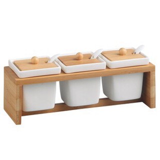 Bộ gia vị bằng gốm nắp gỗ