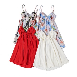 Đầm hoa babydoll cutout lưng cột nơ, bộ thun lưng. dây vai tằng đơ