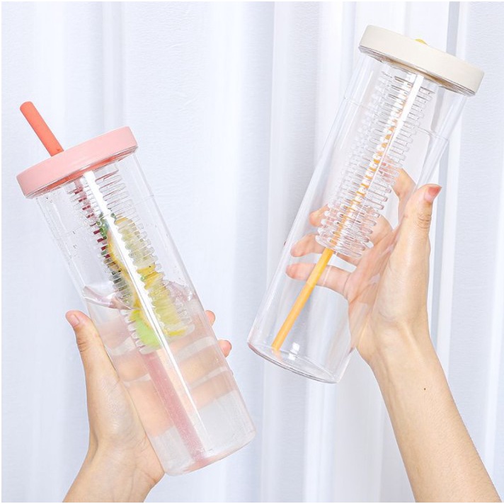 Oxygen072 Travel Water Bottle 700ml Juices Separation Nontoxic Portable Foldable Straw Thickened PC Ly nhựa 2 Lớp Lock