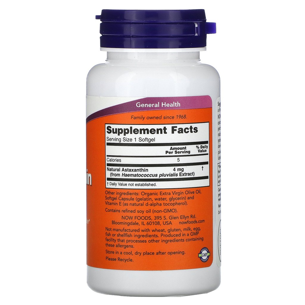 Viên uống Vitamin NOW Astaxanthin (4 mg) nhập khẩu Mỹ chống oxy hóa, nguy cơ ung thư, lão hóa, điều trị suy giảm thị lực