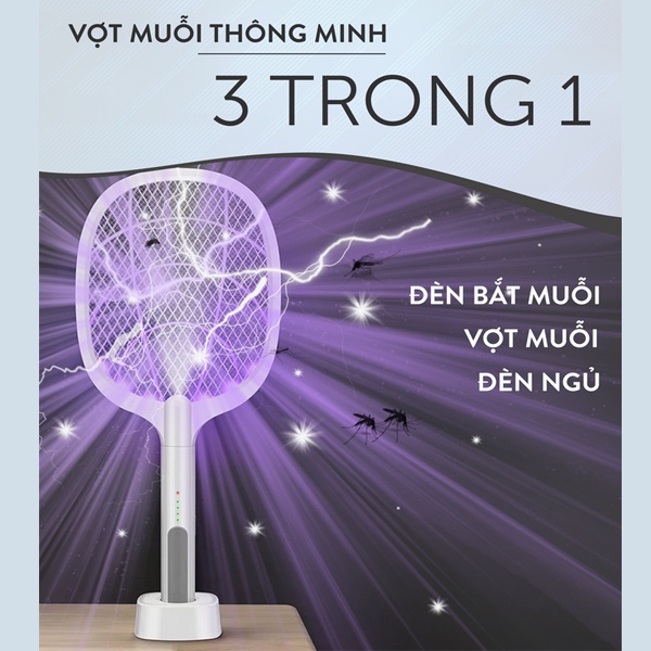 Đèn bắt muỗi thông minh, vợt bắt muỗi thông minh cải tiến 3 chức năng công nghệ LED UV tiêu diệt côn trùng hiệu quả