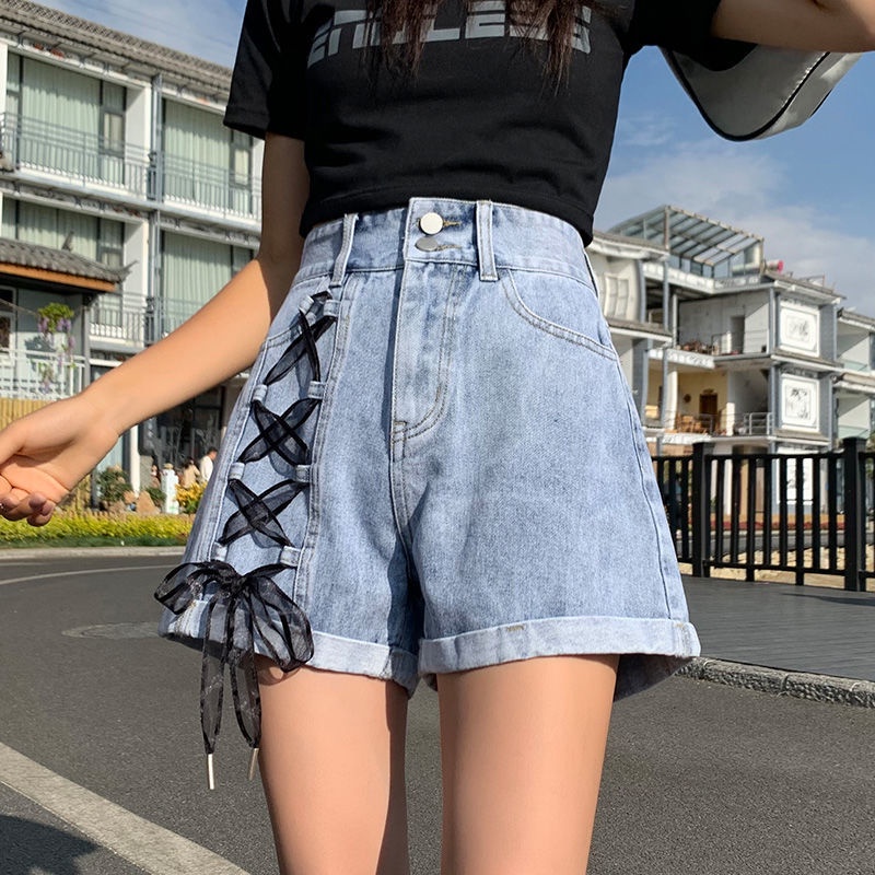 Quần Short Denim Buộc Dây 175241 Quần Short Nữ Lưng Cao Dáng Chữ a Phong Cách Retro
