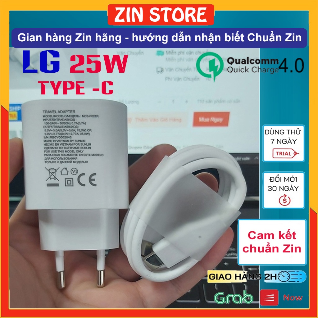 Củ sạc nhanh LG 25W dành cho V60 ThinQ, V50, V20. G8, G5...sạc nhanh Quick Charge 3.0 - Hàng Chính hãng