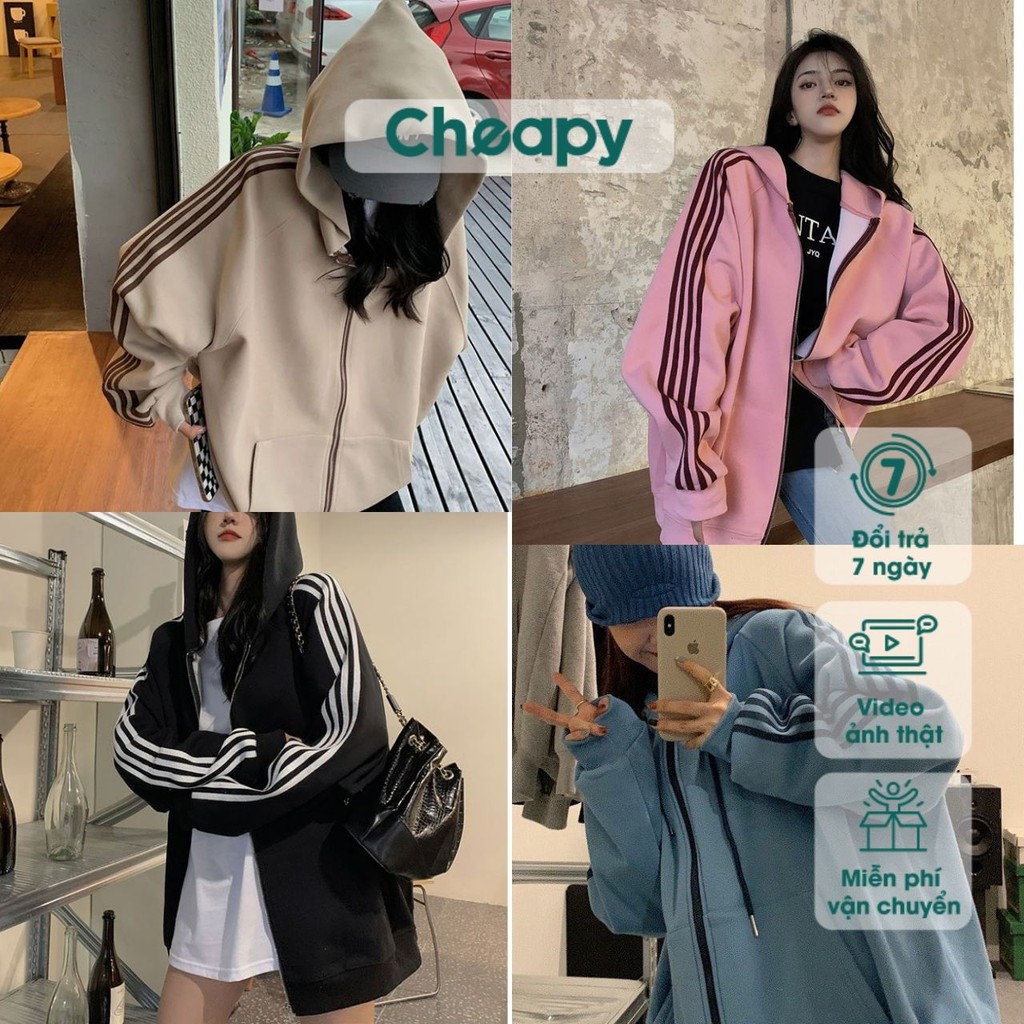Áo khoác nỉ nam nữ 4 SỌC tay Cheapy freesize form rộng có mũ màu đen be xanh hồng mùa đông thể thao hàn quốc C512