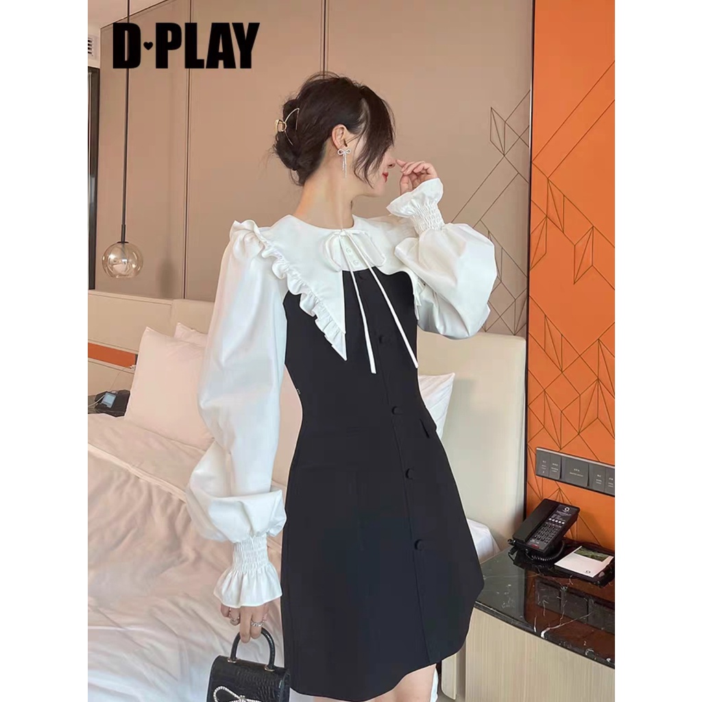 Đầm Dự Tiệc Thanh Lịch Tiểu Thư Cho Nữ Lá Cổ Nhọn Phối Tay Voan Trắng Bồng Váy Đen Dài Công Sở