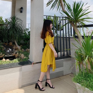 [Ảnh thật] Đầm vàng đắp chéo cột nơ eo dễ thương ulzzang