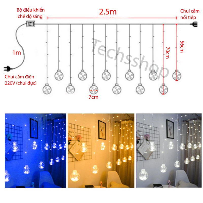 Dây Đèn Led 12 Bóng Tròn Chiều Dài 3M Sử Dụng Điện 220V Trang Trí Cửa Hàng Quán Cà Phê Cho Mùa Noel Tết 2021