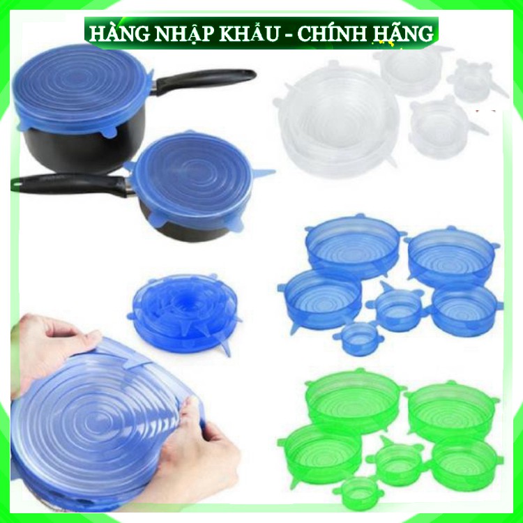 Nắp Đậy Silicon Thức Ăn Thực Phẩm Bộ 6 Miếng Đa Năng Thay Màng Bọc Đồ Tô Chén Ly Cốc .