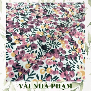 Vải lụa mango hoa nhí tím nền trắng - khổ vải 1.5m - vải nhà phạm