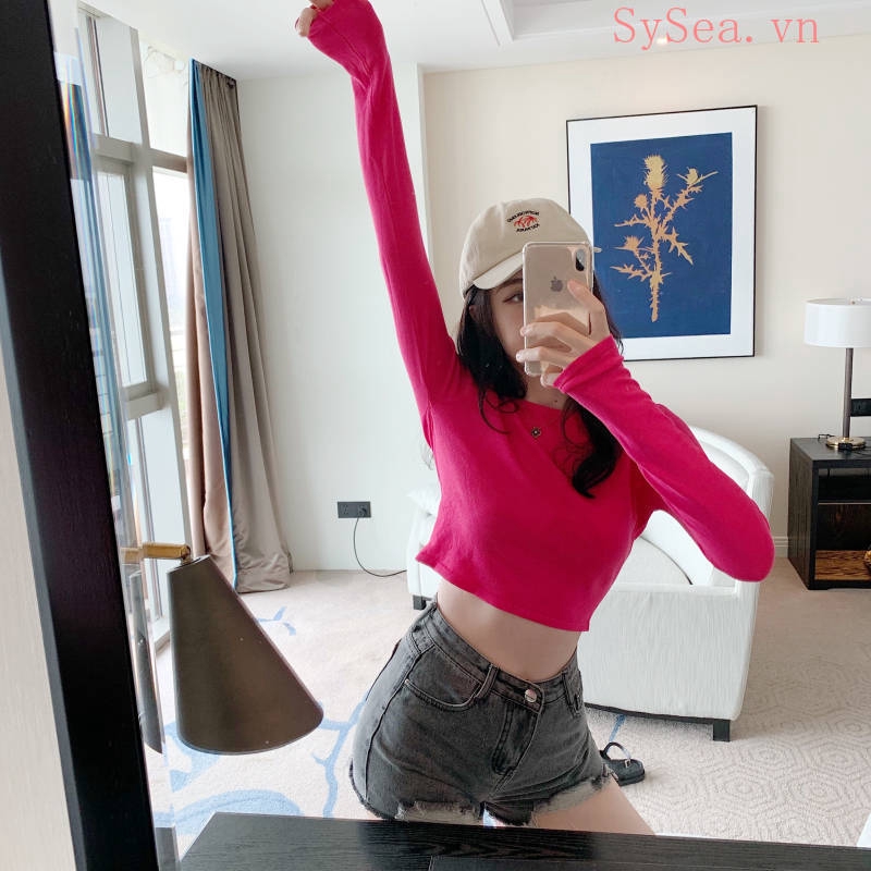 Áo croptop dệt kim tay dài thời trang Hàn Quốc