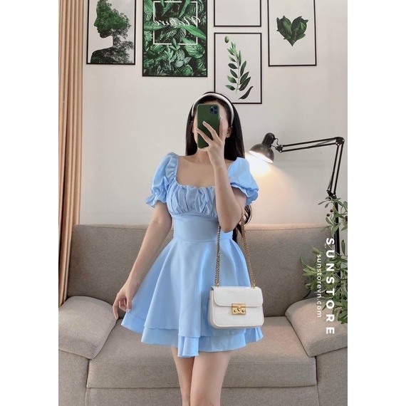 Jumsuit xanh xếp ly ngực thắt dây eo bèo tầng