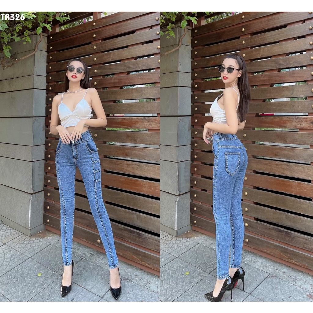 Quần jean nữ kiểu sườn 3 dây lưng cao ôm chuẩn chất co giãn TR326