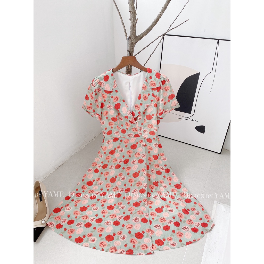 Váy hoa hồng cổ vest màu xanh chất vải hoa xốp cao cấp 2 lớp đi chơi đi du lịch YAME