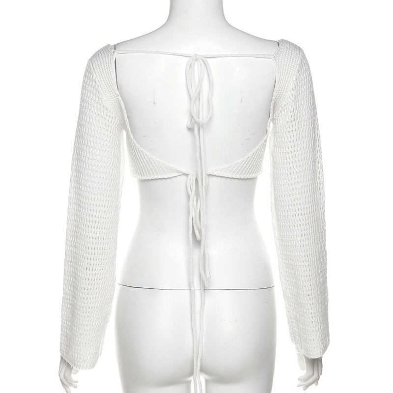 Áo Dệt Kim Tay Dài Cổ Vuông Hở Lưng Cột Dây Trẻ Trung Quyến Rũ Thời Trang Cho Nữ