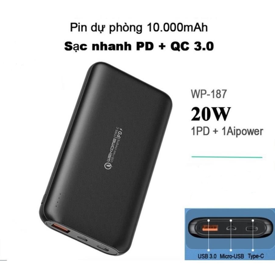 Sạc dự phòng PD18W +QC3.0 chính hãng, Pin Sạc Dự Phòng WP-187 20W 10000mAh Sạc Nhanh PD 18W