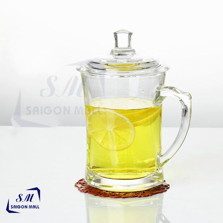 Ly thủy tinh quai cầm có nắp thủy tinh cao cấp - Ly tách thủy tinh dày chịu nhiệt EZ1011