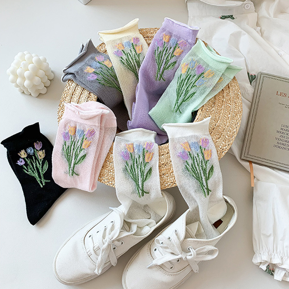 Đôi tất cotton màu trơn trang trí hoa thêu xinh xắn cho nữ