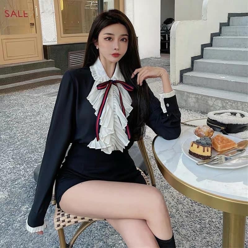 Áo Sơ Mi Nơ Bèo Tiểu Thư Màu Đen Sang Trọng Lịch Sự, Áo Kiểu Nữ Phối Nơ Cổ Bèo Dập Ly Siêu Xinh
