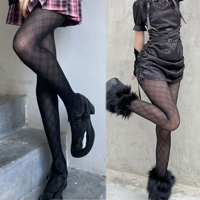 Quần Tất Mỏng Màu Đen Họa Tiết Sọc Caro Phong Cách Harajuku Punk Cho Nữ