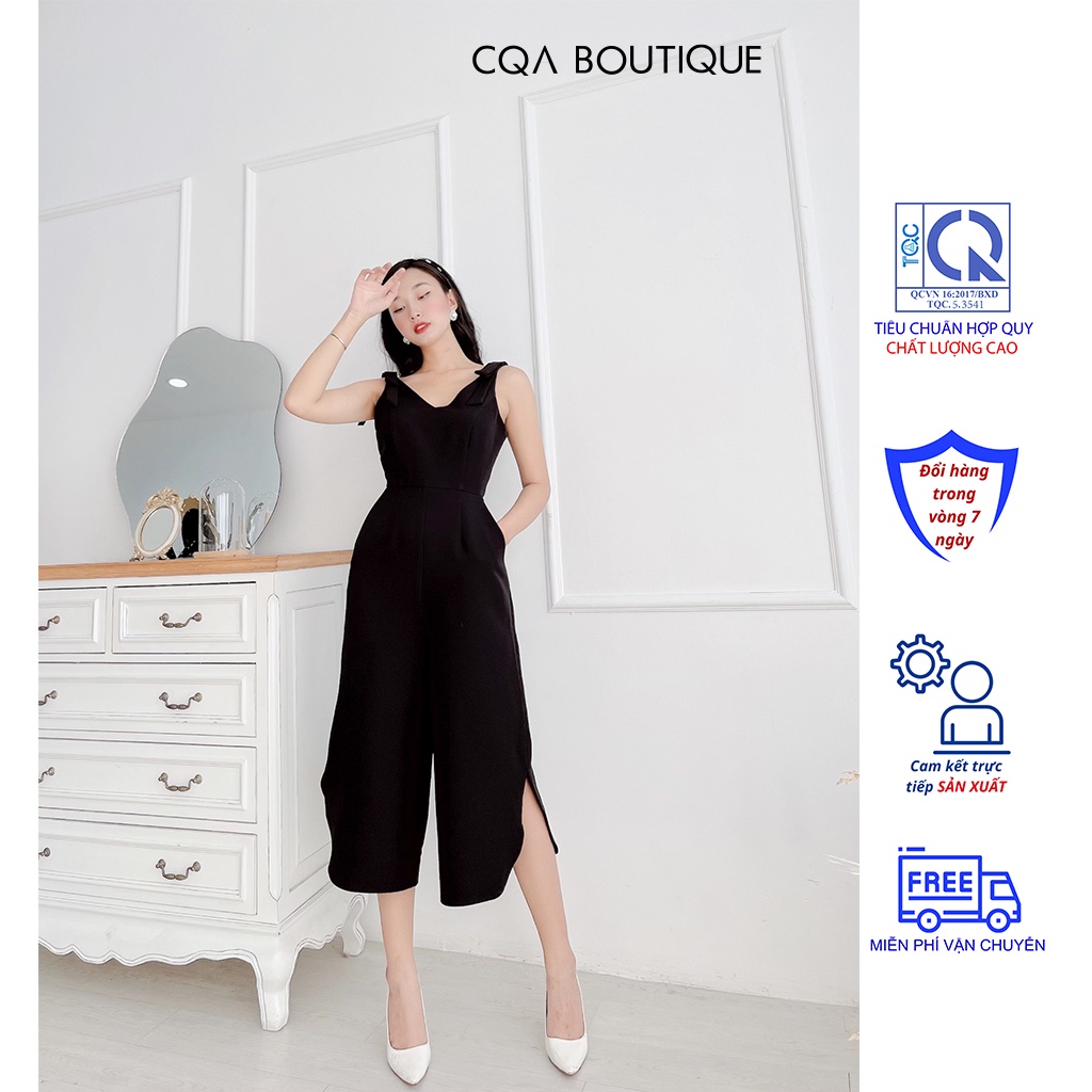 Jumsuit Ống Xuông Cổ V Dây Nơ Xẻ Tà CQA Boutique CQA0019 Màu Đen Xinh Xắn Chất Liệu Polyester Cao Cấp