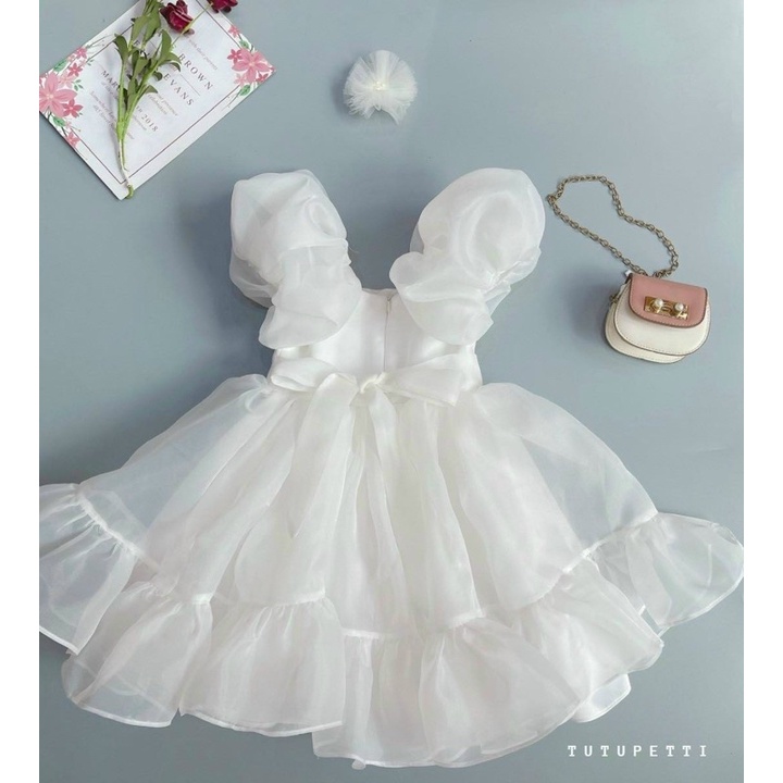 Đầm công chúa Tutupetti màu trắng tay con nhúng phồng cho bé gái từ 1 - 8 tuổi