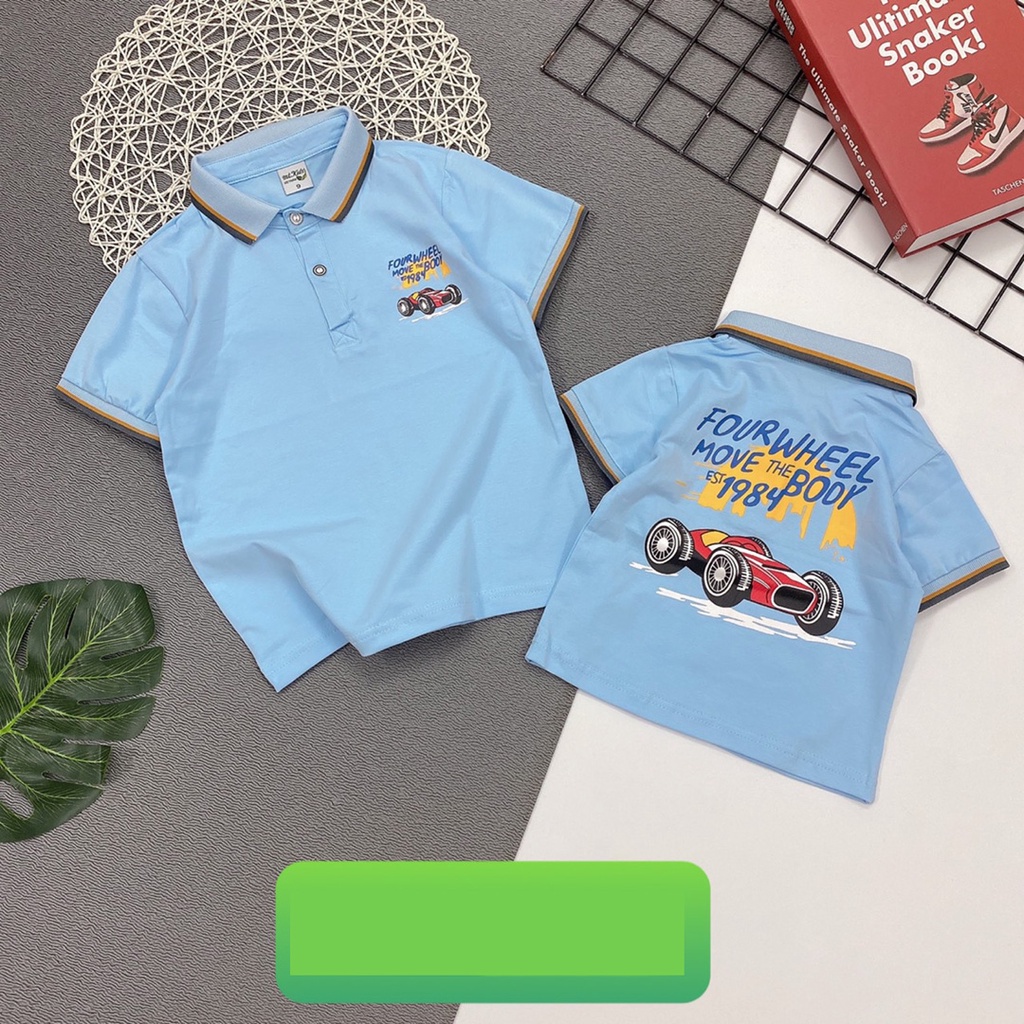 Áo thun cotton cổ bẻ in xe hơi cho bé trai diện tết